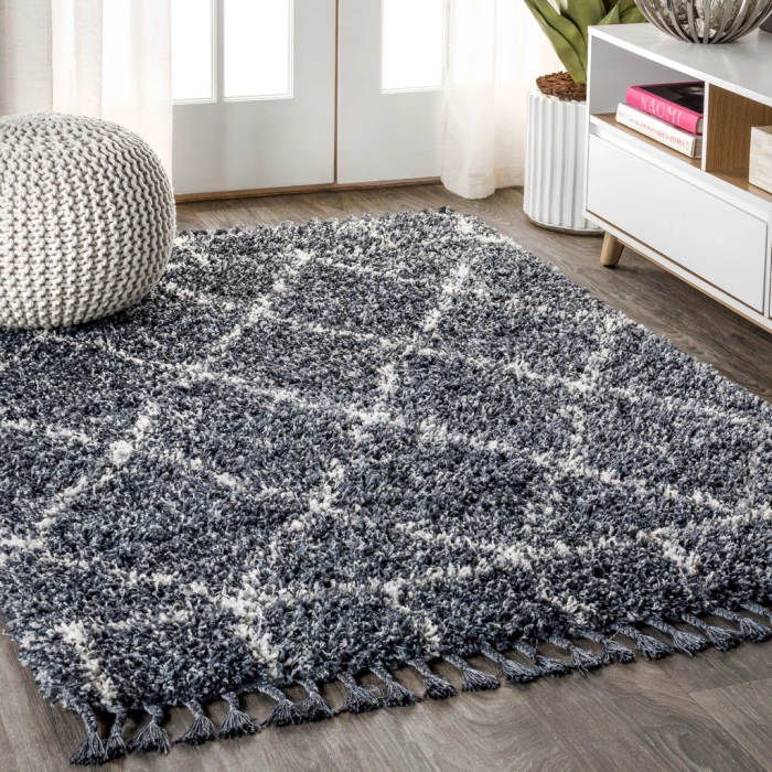 Mercer Shag Plush Tassel Moroccan Geometric Trellis Blue/Cream 4 ft. x 6 ft. Area Rug
