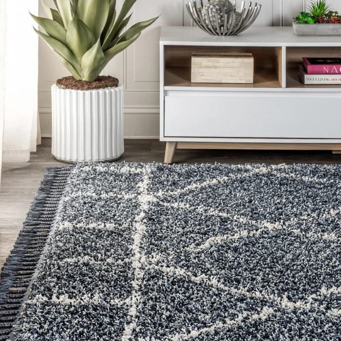 Mercer Shag Plush Tassel Moroccan Geometric Trellis Blue/Cream 4 ft. x 6 ft. Area Rug