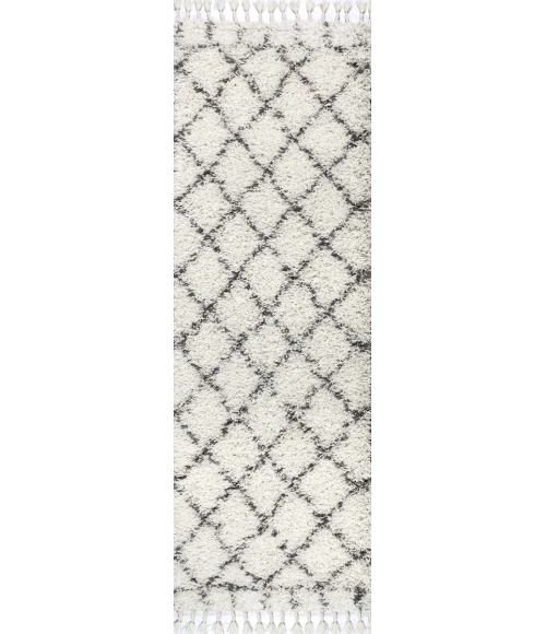 Mercer Shag Plush Tassel Moroccan Geometric Trellis Ivory/Grey 2 ft. x 8 ft. Runner Rug