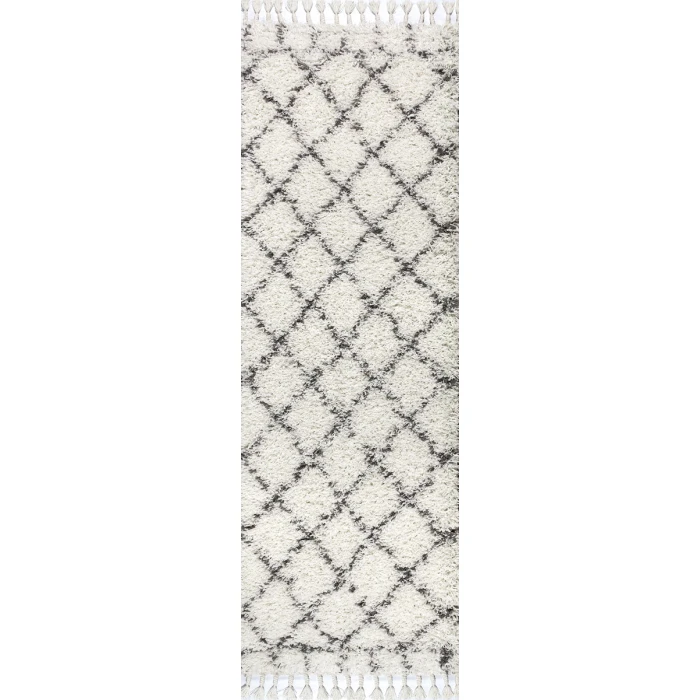 Mercer Shag Plush Tassel Moroccan Geometric Trellis Ivory/Grey 2 ft. x 8 ft. Runner Rug