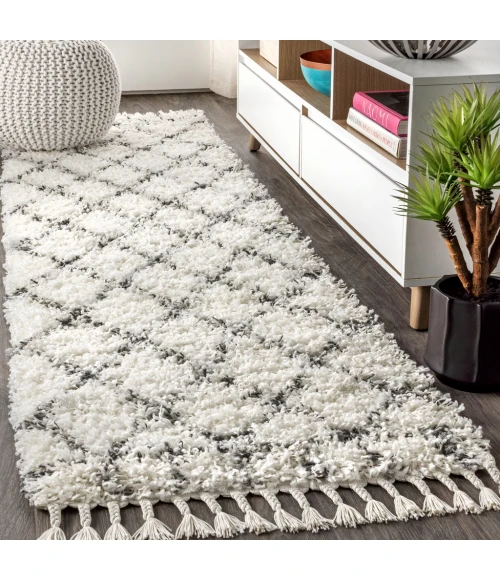 Mercer Shag Plush Tassel Moroccan Geometric Trellis Ivory/Grey 2 ft. x 8 ft. Runner Rug