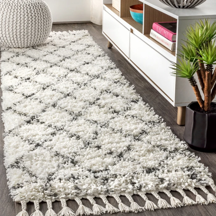 Mercer Shag Plush Tassel Moroccan Geometric Trellis Ivory/Grey 2 ft. x 8 ft. Runner Rug