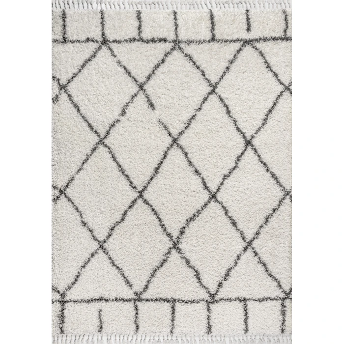 Mercer Shag Plush Tassel Moroccan Geometric Trellis Ivory/Grey 3 ft. x 5 ft. Area Rug