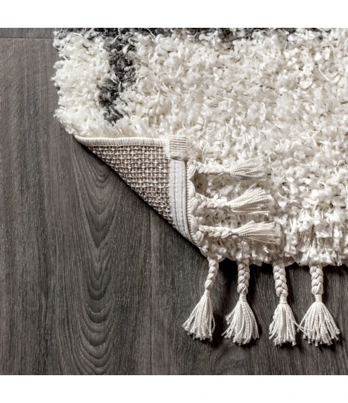 Mercer Shag Plush Tassel Moroccan Geometric Trellis Ivory/Grey 4 ft. x 6 ft. Area Rug