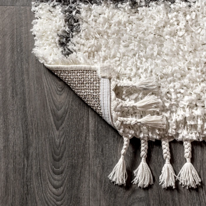 Mercer Shag Plush Tassel Moroccan Geometric Trellis Ivory/Grey 3 ft. x 5 ft. Area Rug