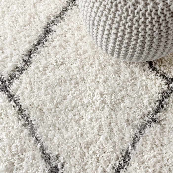 Mercer Shag Plush Tassel Moroccan Geometric Trellis Ivory/Grey 3 ft. x 5 ft. Area Rug