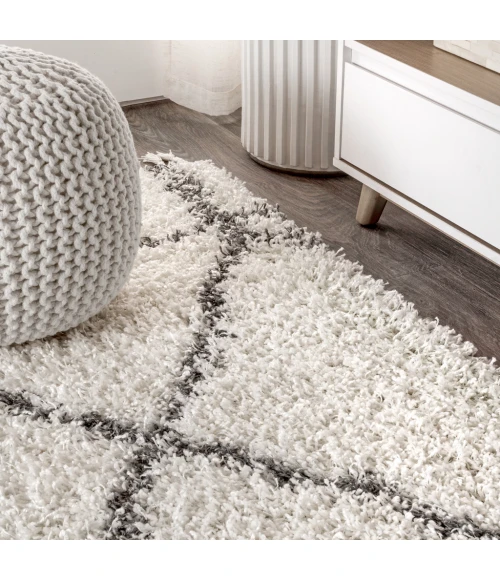 Mercer Shag Plush Tassel Moroccan Geometric Trellis Ivory/Grey 4 ft. x 6 ft. Area Rug