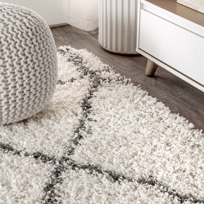 Mercer Shag Plush Tassel Moroccan Geometric Trellis Ivory/Grey 3 ft. x 5 ft. Area Rug