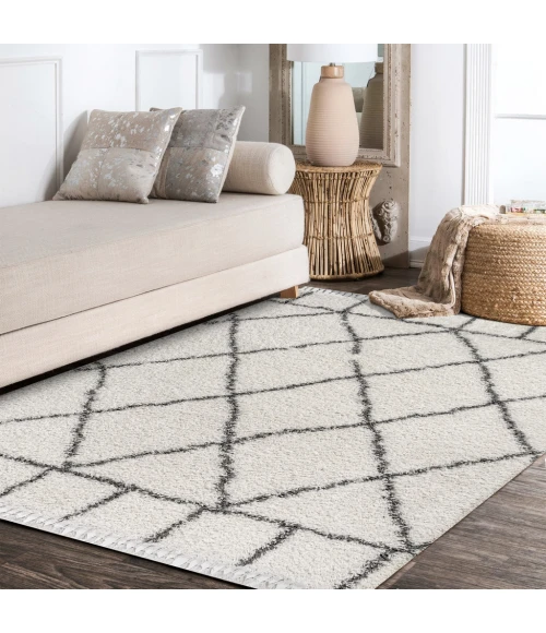 Mercer Shag Plush Tassel Moroccan Geometric Trellis Ivory/Grey 4 ft. x 6 ft. Area Rug