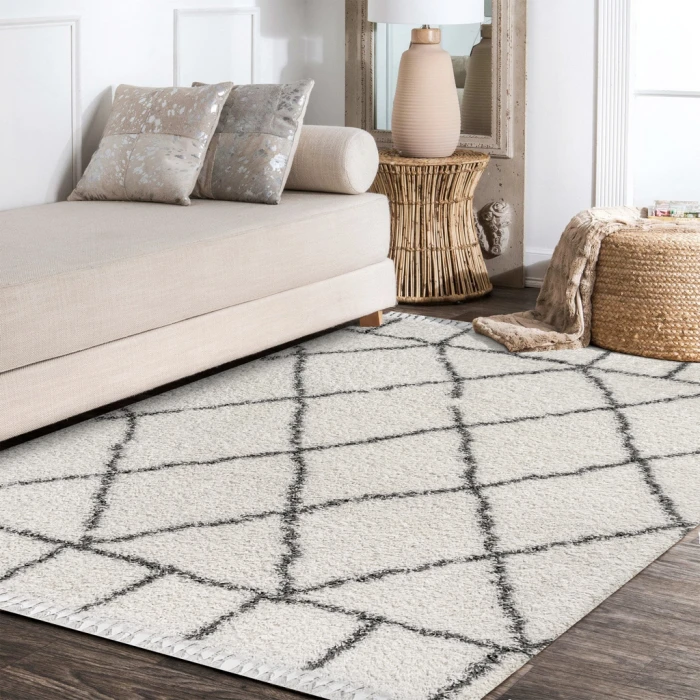 Mercer Shag Plush Tassel Moroccan Geometric Trellis Ivory/Grey 3 ft. x 5 ft. Area Rug