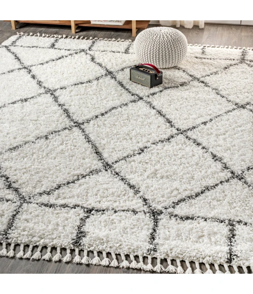 Mercer Shag Plush Tassel Moroccan Geometric Trellis Ivory/Grey 4 ft. x 6 ft. Area Rug