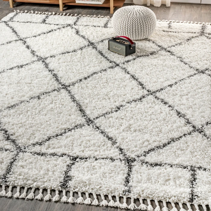 Mercer Shag Plush Tassel Moroccan Geometric Trellis Ivory/Grey 3 ft. x 5 ft. Area Rug