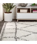 Mercer Shag Plush Tassel Moroccan Geometric Trellis Ivory/Grey 4 ft. x 6 ft. Area Rug