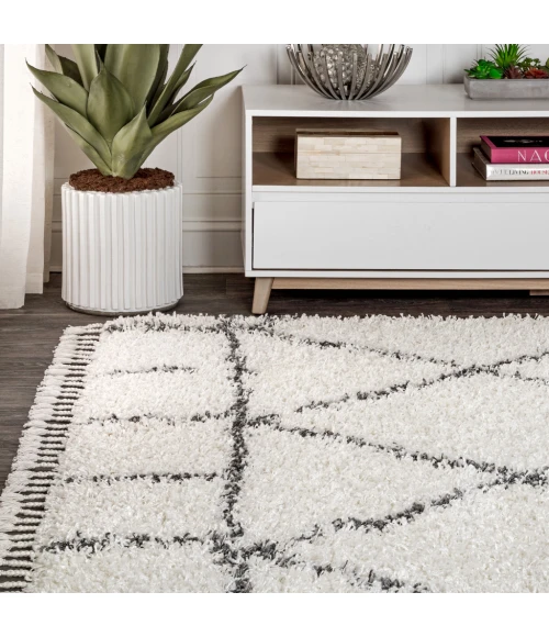 Mercer Shag Plush Tassel Moroccan Geometric Trellis Ivory/Grey 4 ft. x 6 ft. Area Rug