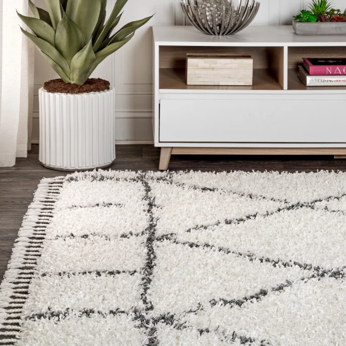 Mercer Shag Plush Tassel Moroccan Geometric Trellis Ivory/Grey 3 ft. x 5 ft. Area Rug