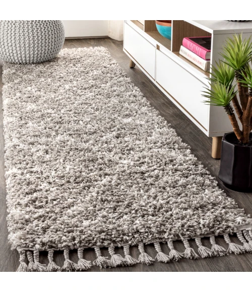 Mercer Shag Plush Tassel Moroccan Geometric Trellis Grey/Ivory 2 ft. x 8 ft. Runner Rug