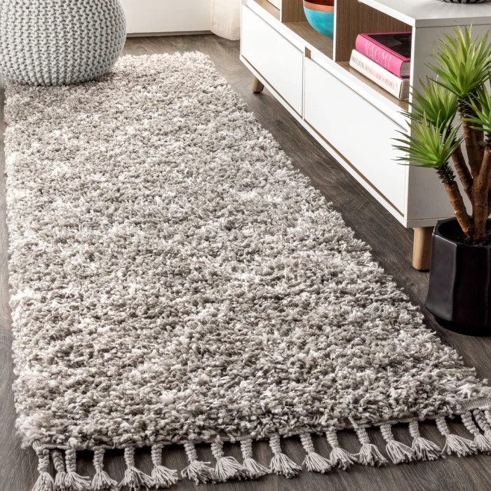 Mercer Shag Plush Tassel Moroccan Geometric Trellis Grey/Ivory 2 ft. x 8 ft. Runner Rug