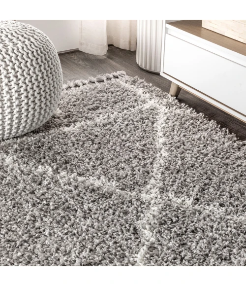 Mercer Shag Plush Tassel Moroccan Geometric Trellis Grey/Ivory 4 ft. x 6 ft. Area Rug