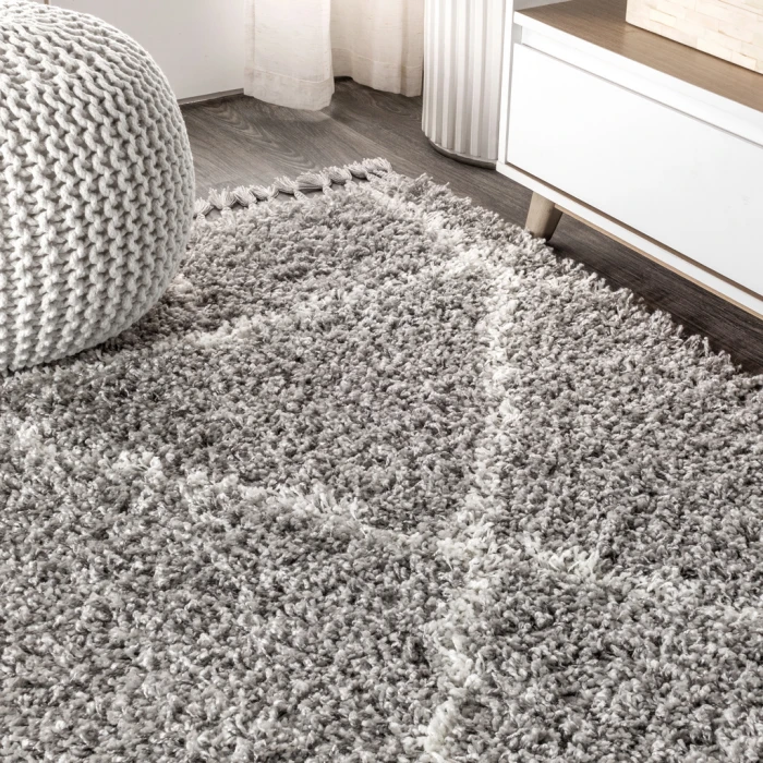 Mercer Shag Plush Tassel Moroccan Geometric Trellis Grey/Ivory 2 ft. x 8 ft. Runner Rug