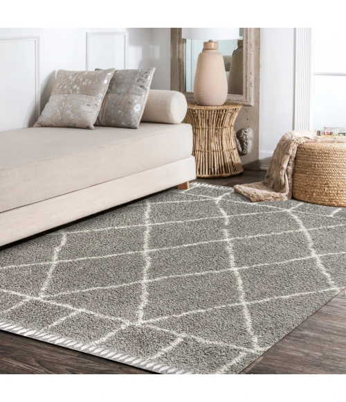 Mercer Shag Plush Tassel Moroccan Geometric Trellis Grey/Ivory 4 ft. x 6 ft. Area Rug