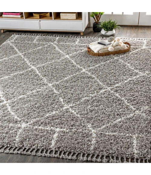 Mercer Shag Plush Tassel Moroccan Geometric Trellis Grey/Ivory 4 ft. x 6 ft. Area Rug