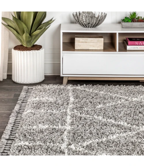 Mercer Shag Plush Tassel Moroccan Geometric Trellis Grey/Ivory 4 ft. x 6 ft. Area Rug