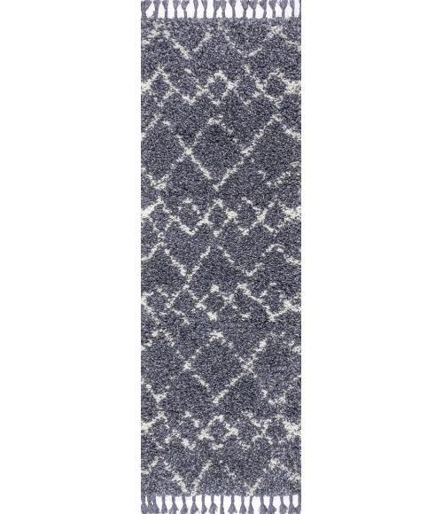Mercer Shag Plush Tassel Moroccan Tribal Geometric Trellis Blue/Cream 2 ft. x 8 ft. Runner Rug