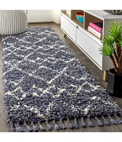 Mercer Shag Plush Tassel Moroccan Tribal Geometric Trellis Blue/Cream 2 ft. x 8 ft. Runner Rug
