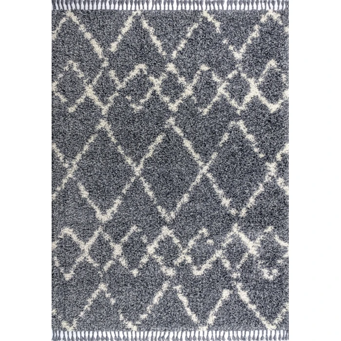 Mercer Shag Plush Tassel Moroccan Tribal Geometric Trellis Blue/Cream 5 ft. x 8 ft. Area Rug