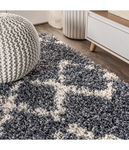 Mercer Shag Plush Tassel Moroccan Tribal Geometric Trellis Blue/Cream 5 ft. x 8 ft. Area Rug