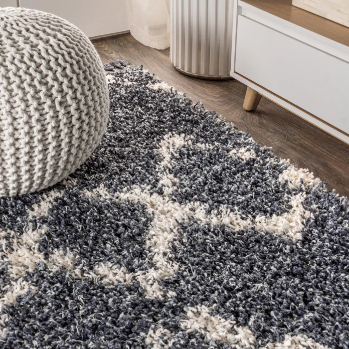 Mercer Shag Plush Tassel Moroccan Tribal Geometric Trellis Blue/Cream 2 ft. x 8 ft. Runner Rug