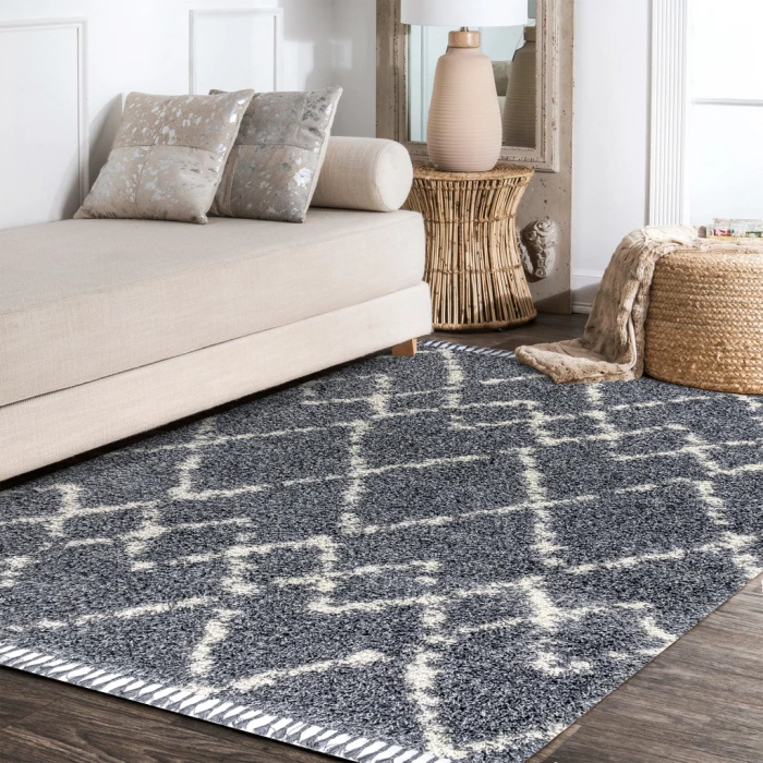 Mercer Shag Plush Tassel Moroccan Tribal Geometric Trellis Blue/Cream 5 ft. x 8 ft. Area Rug
