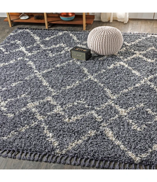 Mercer Shag Plush Tassel Moroccan Tribal Geometric Trellis Blue/Cream 5 ft. x 8 ft. Area Rug