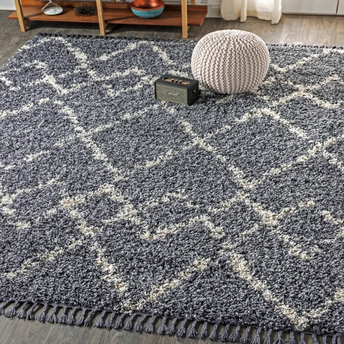 Mercer Shag Plush Tassel Moroccan Tribal Geometric Trellis Blue/Cream 5 ft. x 8 ft. Area Rug