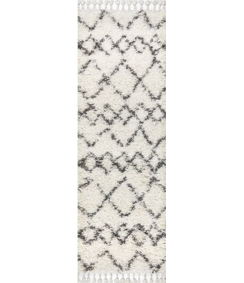 Mercer Shag Plush Tassel Moroccan Tribal Geometric Trellis Ivory/Grey 2 ft. x 8 ft. Runner Rug