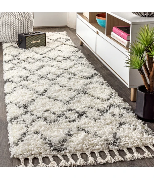 Mercer Shag Plush Tassel Moroccan Tribal Geometric Trellis Ivory/Grey 2 ft. x 8 ft. Runner Rug