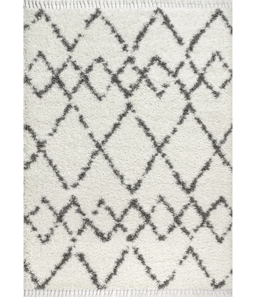 Mercer Shag Plush Tassel Moroccan Tribal Geometric Trellis Ivory/Grey 8 ft. x 10 ft. Area Rug