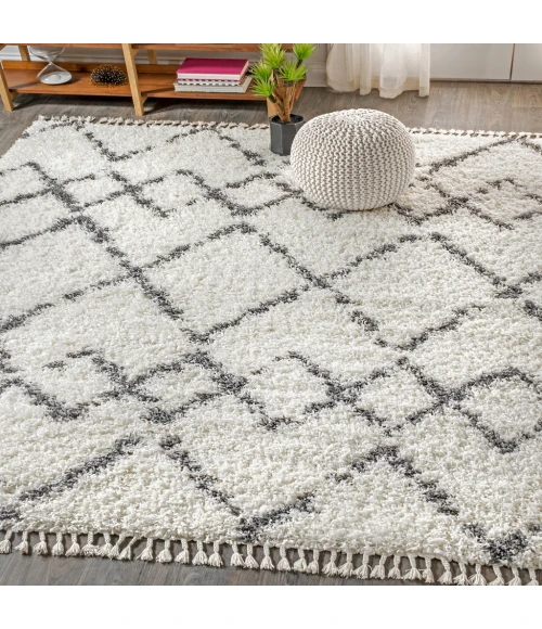 Mercer Shag Plush Tassel Moroccan Tribal Geometric Trellis Ivory/Grey 8 ft. x 10 ft. Area Rug