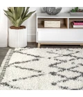Mercer Shag Plush Tassel Moroccan Tribal Geometric Trellis Ivory/Grey 8 ft. x 10 ft. Area Rug