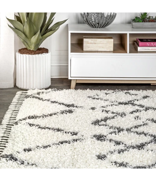 Mercer Shag Plush Tassel Moroccan Tribal Geometric Trellis Ivory/Grey 8 ft. x 10 ft. Area Rug