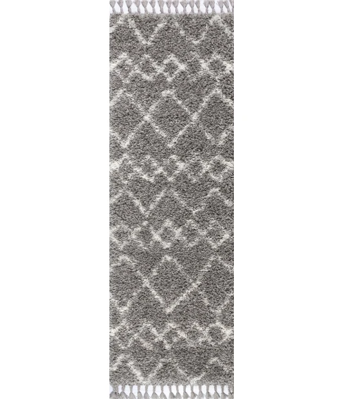 Mercer Shag Plush Tassel Moroccan Tribal Geometric Trellis Grey/Ivory 2 ft. x 8 ft. Runner Rug