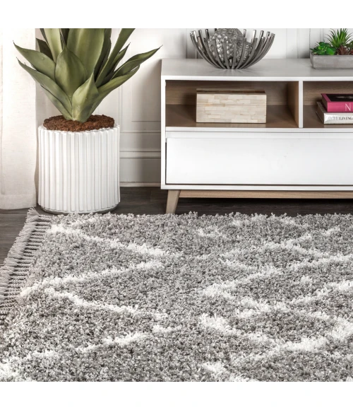 Mercer Shag Plush Tassel Moroccan Tribal Geometric Trellis Grey/Ivory 5 ft. x 8 ft. Area Rug
