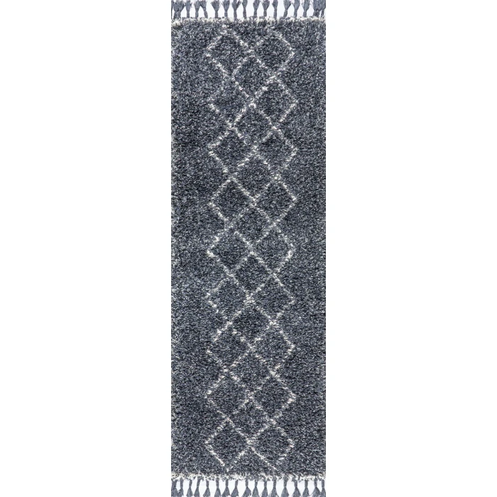 Mercer Shag Plush Tassel Moroccan Tribal Geometric Trellis Denim Blue/Cream 2 ft. x 8 ft. Runner Rug