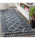 Mercer Shag Plush Tassel Moroccan Tribal Geometric Trellis Denim Blue/Cream 2 ft. x 8 ft. Runner Rug