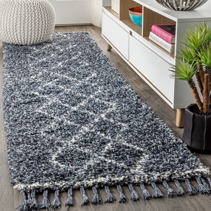 Mercer Shag Plush Tassel Moroccan Tribal Geometric Trellis Denim Blue/Cream 2 ft. x 8 ft. Runner Rug