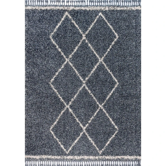 Mercer Shag Plush Tassel Moroccan Tribal Geometric Trellis Denim Blue/Cream 4 ft. x 6 ft. Area Rug