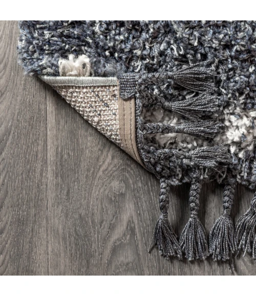 Mercer Shag Plush Tassel Moroccan Tribal Geometric Trellis Denim Blue/Cream 3 ft. x 5 ft. Area Rug