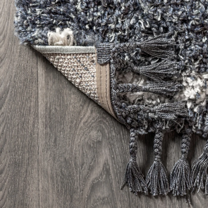 Mercer Shag Plush Tassel Moroccan Tribal Geometric Trellis Denim Blue/Cream 4 ft. x 6 ft. Area Rug