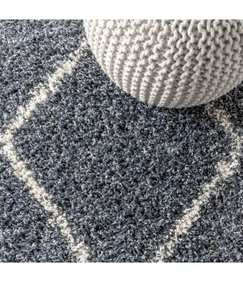 Mercer Shag Plush Tassel Moroccan Tribal Geometric Trellis Denim Blue/Cream 3 ft. x 5 ft. Area Rug