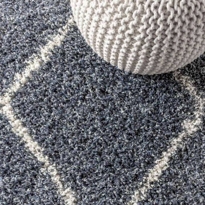 Mercer Shag Plush Tassel Moroccan Tribal Geometric Trellis Denim Blue/Cream 4 ft. x 6 ft. Area Rug
